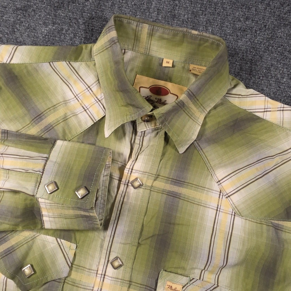 Larry Mahan Western Shirt Mens M Green Plaid Cowboy Rodeo Diamon Pearl Snaps